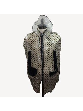 Vintage Womens Polka Dot Hooded Poncho Pockets Zipper Vinyl Beige Black Size M